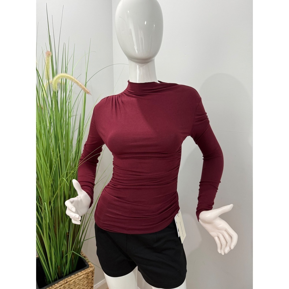 Commense Burgundy Ruched Long Sleeve Top Mock Neck Fitted Blouse size XS - Picture 3 of 8